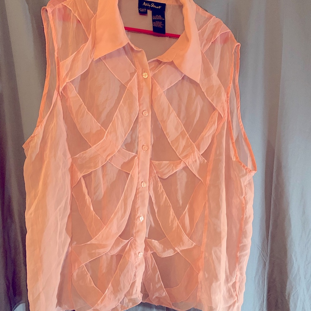Pink Sleeveless Sheer w/ Collar Button with Criss Cross Design